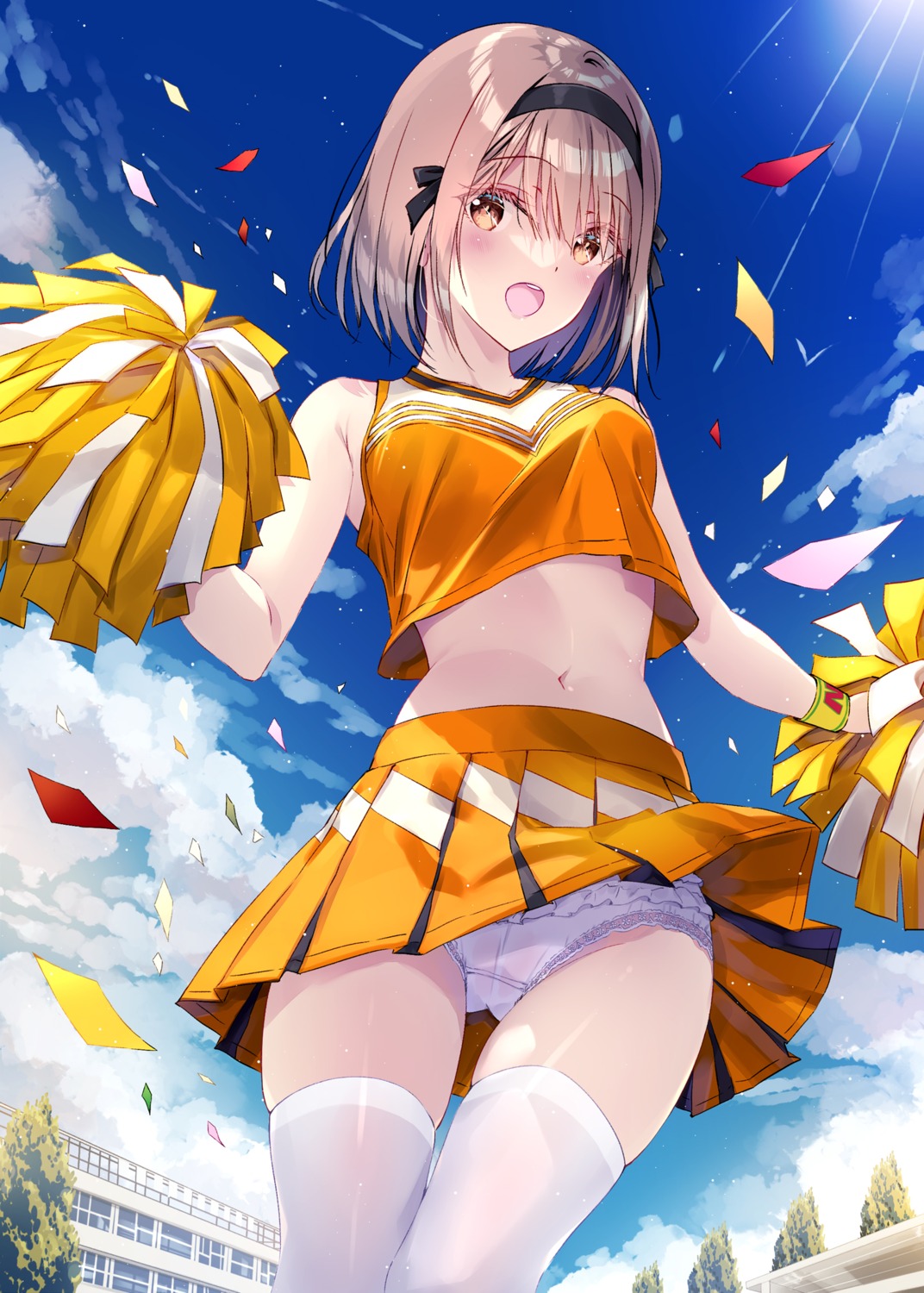 cameltoe cheerleader kobayashi_chisato pantsu shishunki_complex skirt_lift thighhighs yamabuki_kurumi