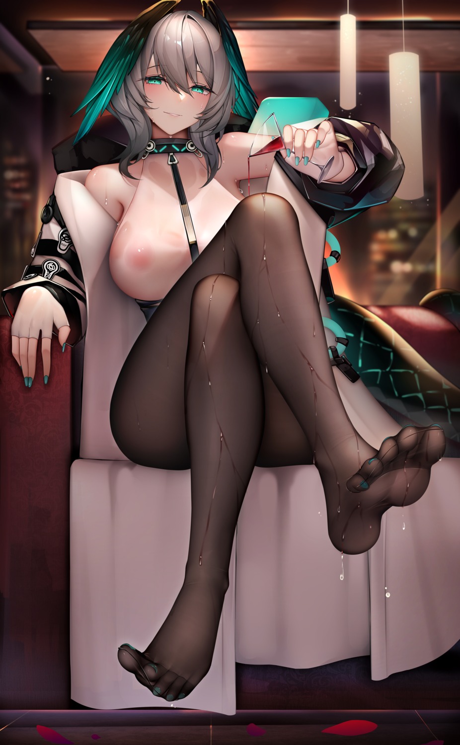 areola arknights feet ho'olheyak no_bra pantyhose see_through tail wet wet_clothes wings zhixue