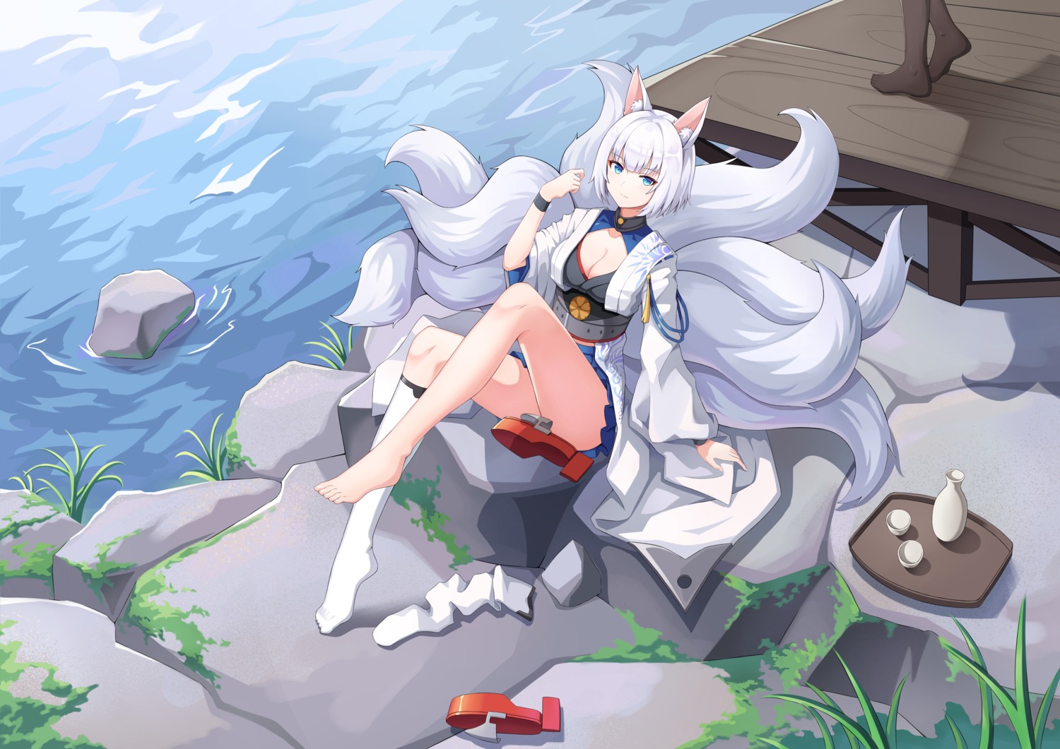 animal_ears azur_lane feet japanese_clothes kaga_(azur_lane) kitsune skirt_lift t_zhonglang tail