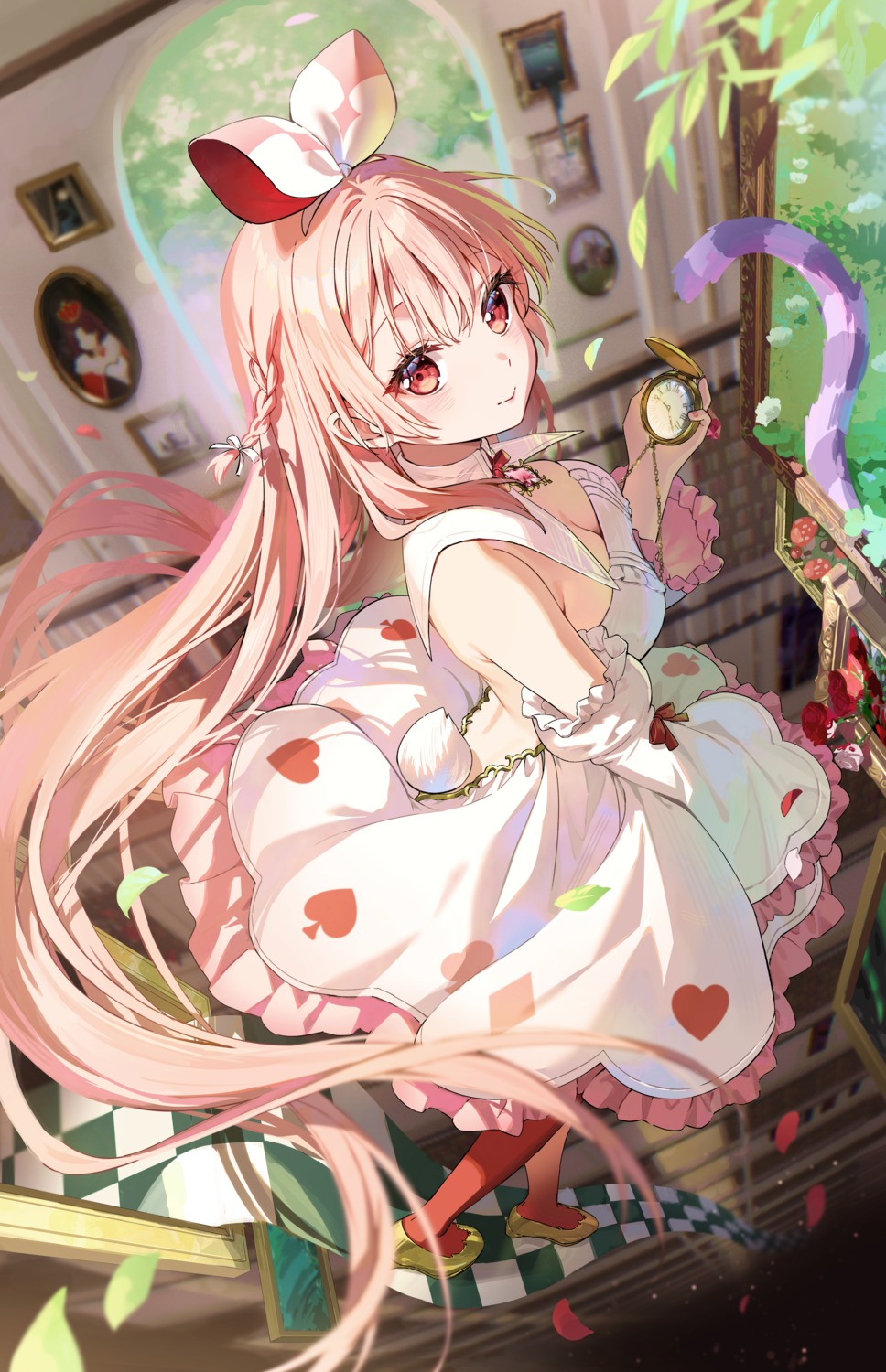 alice alice_in_wonderland animal_ears atelier_live bunny_ears cheshire_cat cleavage dress heels no_bra pantyhose queen_of_hearts rosuuri rosuuri_(vtuber) tail white_rabbit