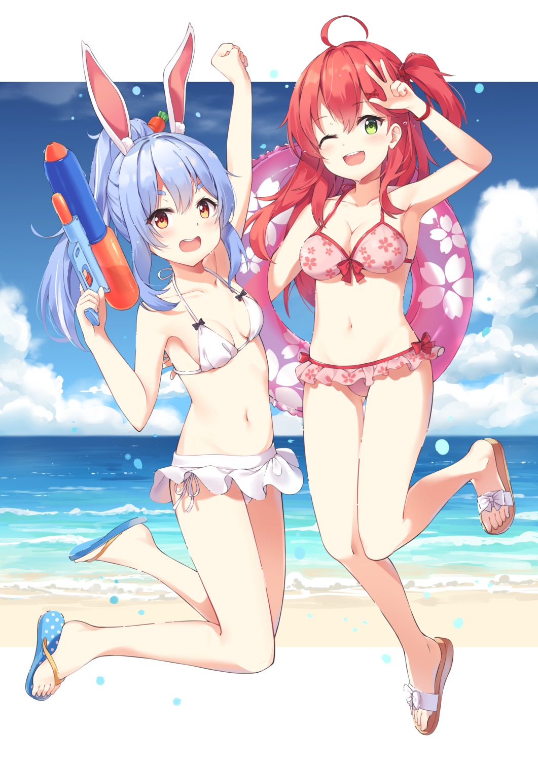 animal_ears bikini bunny_ears cleavage gun hololive sakura_miko swimsuits usada_pekora yaruwashi