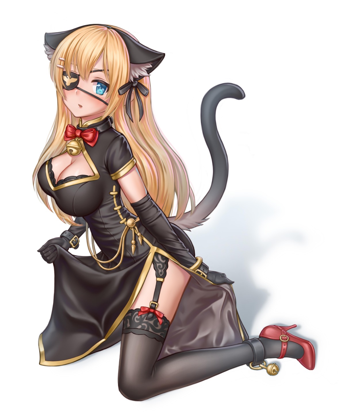 animal_ears aquamarine chinadress cleavage eyepatch heels nekomimi saratoga_(zhanjianshaonv) skirt_lift stockings tail thighhighs zhanjianshaonv