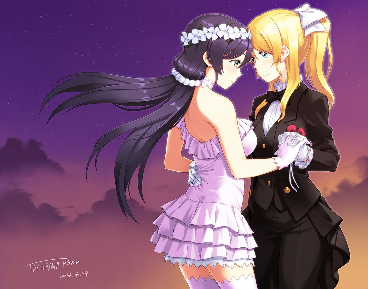 ayase_eli dress love_live! love_live!_(series) tachibana_roku thighhighs toujou_nozomi