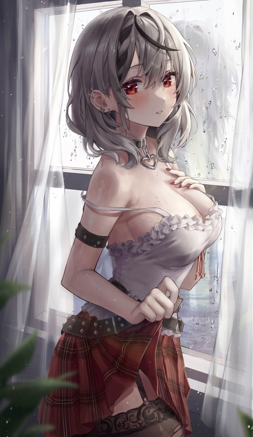 aibek breast_hold cleavage hololive no_bra sakamata_chloe skirt_lift stockings thighhighs torn_clothes wet