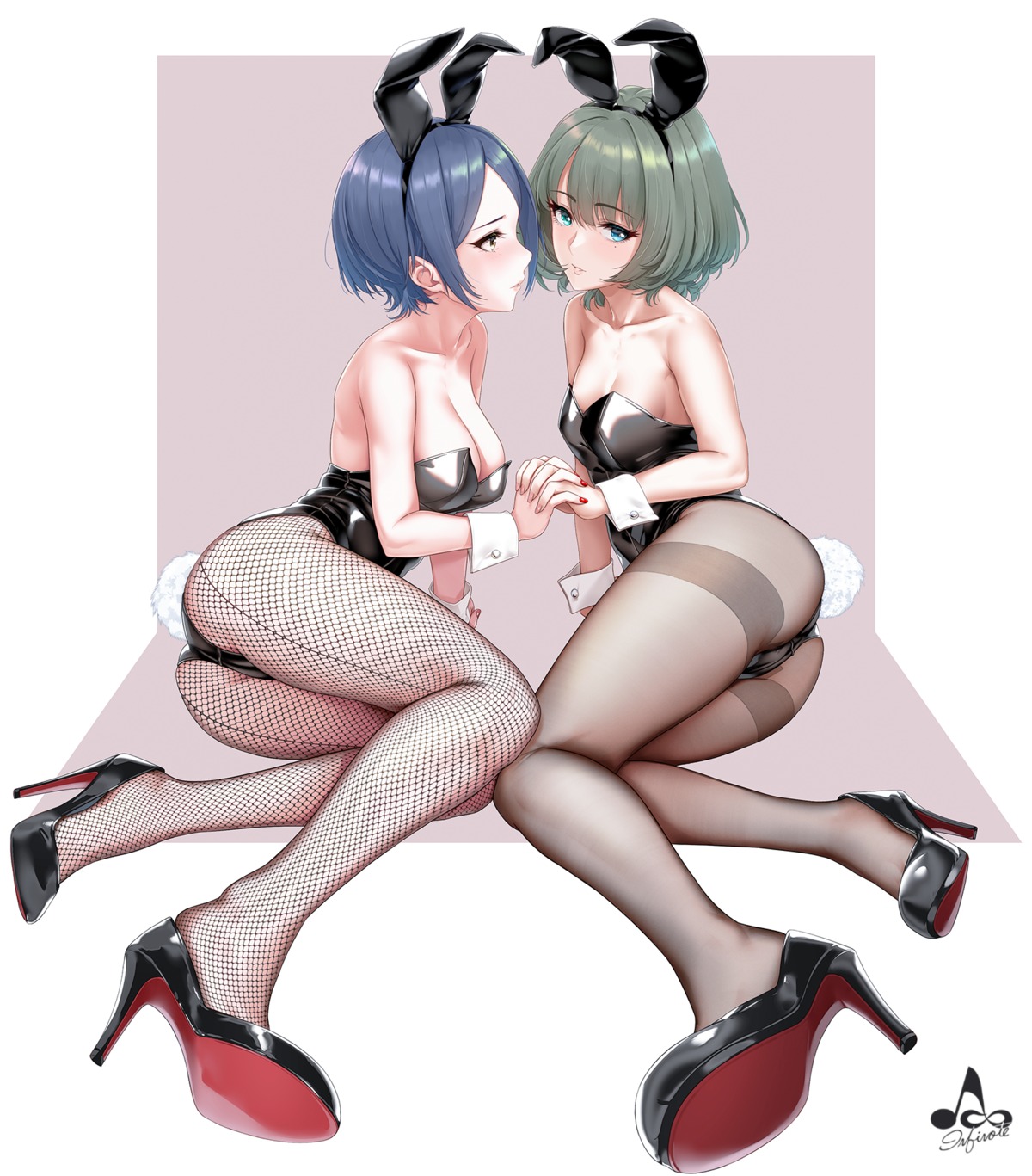 animal_ears bunny_ears bunny_girl cameltoe fishnets hayami_kanade heels heterochromia infinote pantyhose tail takagaki_kaede the_idolm@ster the_idolm@ster_cinderella_girls