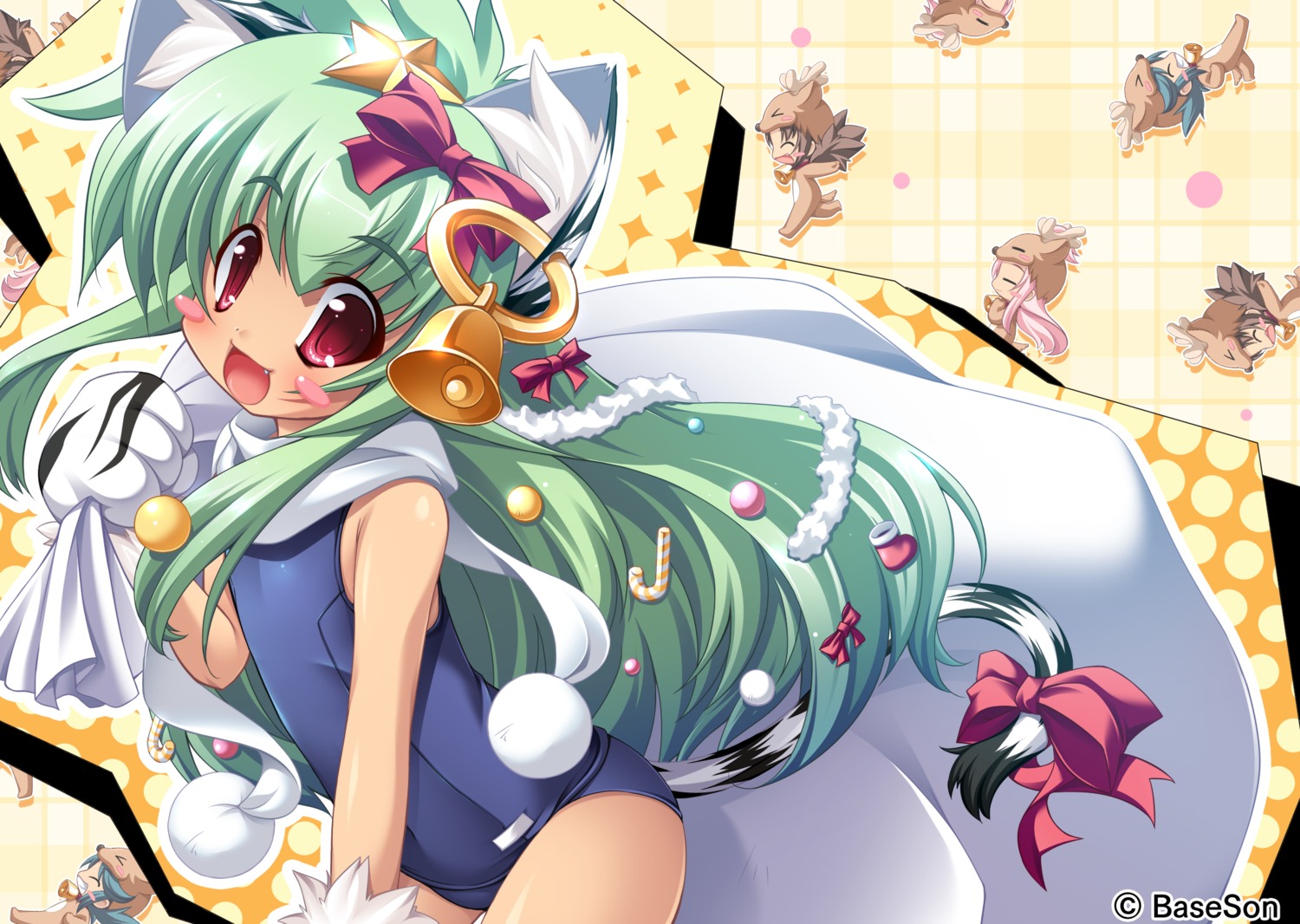 animal_ears chibi christmas koihime_musou kuwada_yuuki mike_(koihime_musou) moukaku school_swimsuit shamu swimsuits tora_(koihime_musou)