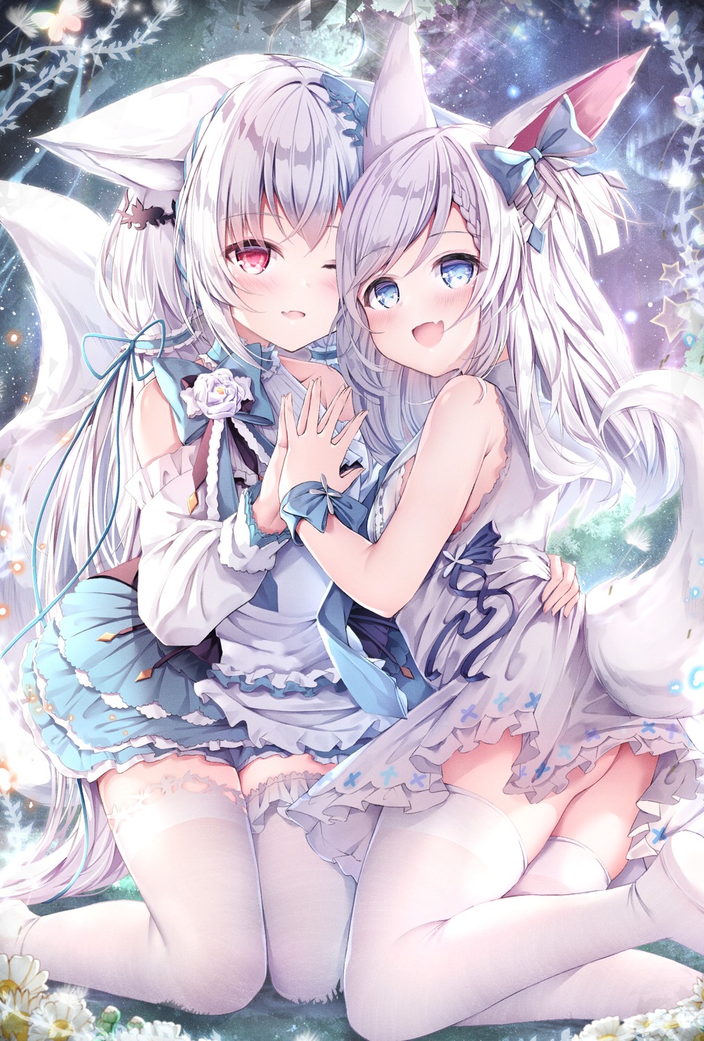 animal_ears dress indie_virtual_youtuber manman_manyou_haiyang_de_paomo sakurada_shiro skirt_lift tail thighhighs