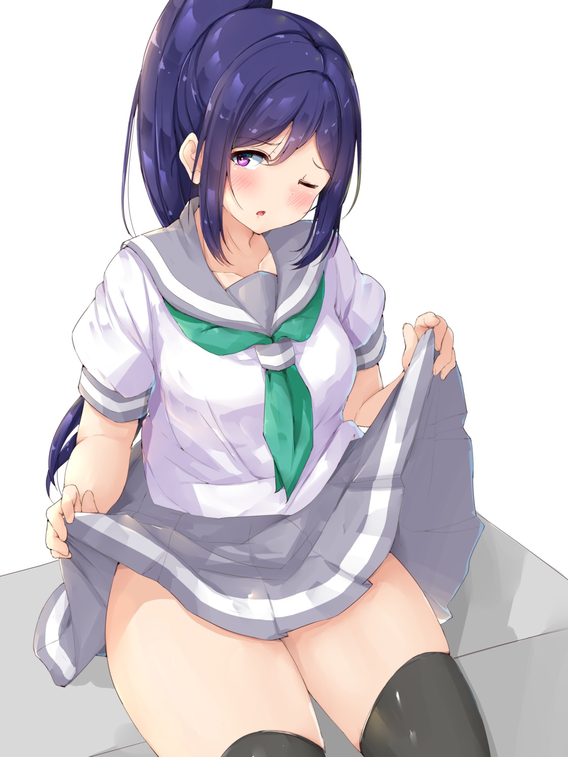 love_live!_sunshine!! matsuura_kanan seifuku shinonon_(iso_shino) skirt_lift thighhighs