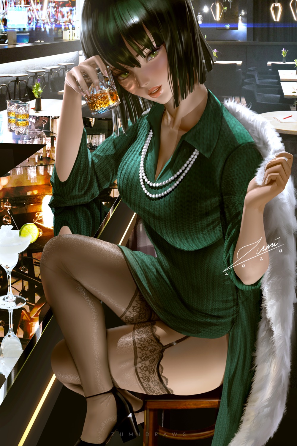 dress fubuki_(one_punch_man) heels official_watermark one_punch_man skirt_lift stockings sweater thighhighs zumi_(zumidraws)