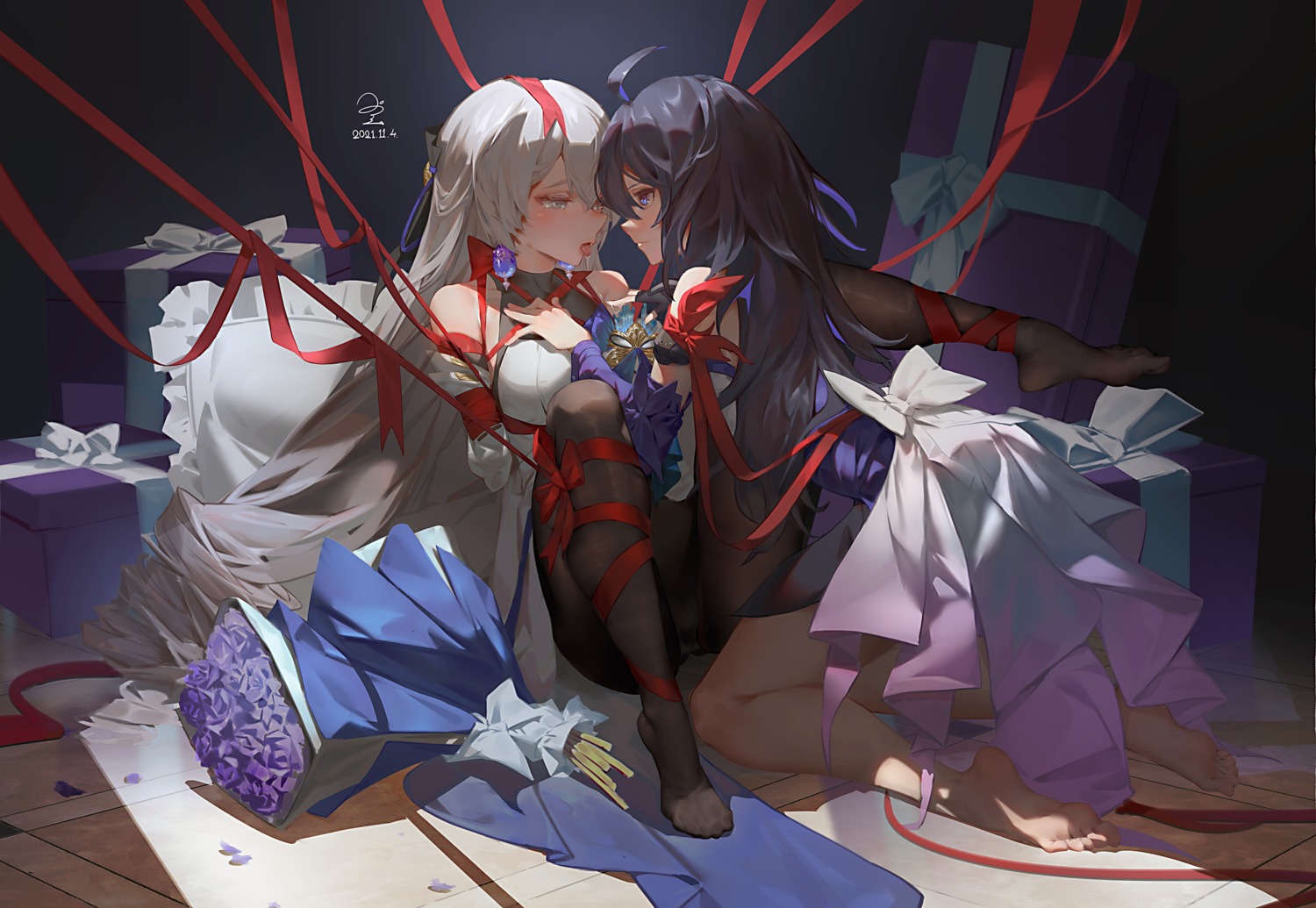 benghuai_xueyuan bondage bronya_zaychik dress honkai_impact pantyhose ribao seele_vollerei skirt_lift yuri