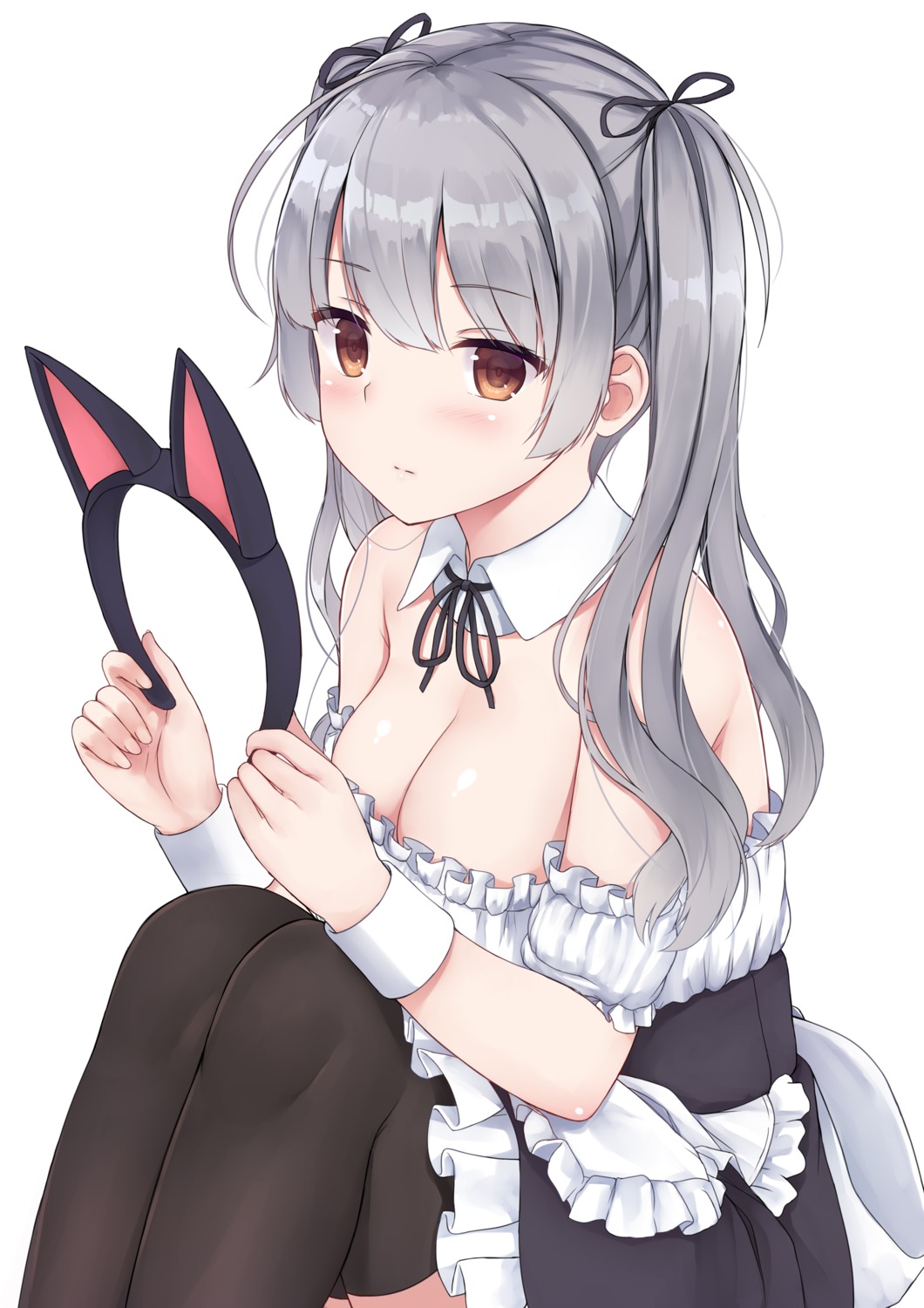 animal_ears maid mizunashi_kenichi nekomimi no_bra thighhighs