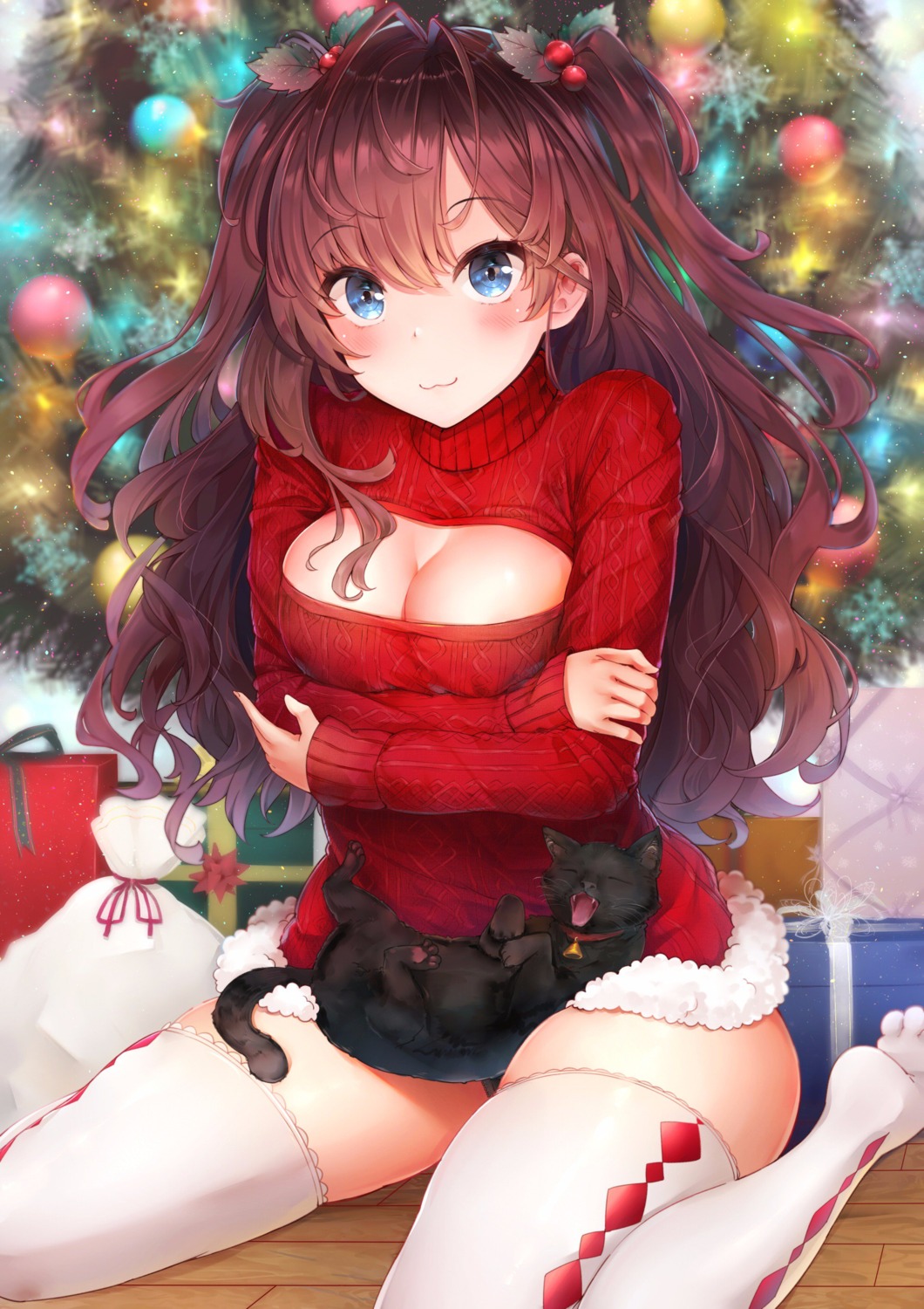 breast_hold christmas cleavage ichinose_shiki neko pantsu somalisu39 sweater the_idolm@ster the_idolm@ster_cinderella_girls thighhighs