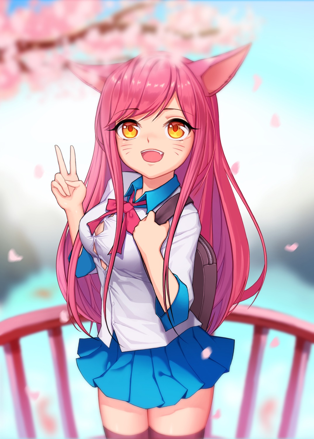 ahri animal_ears cleavage dk2 league_of_legends seifuku thighhighs