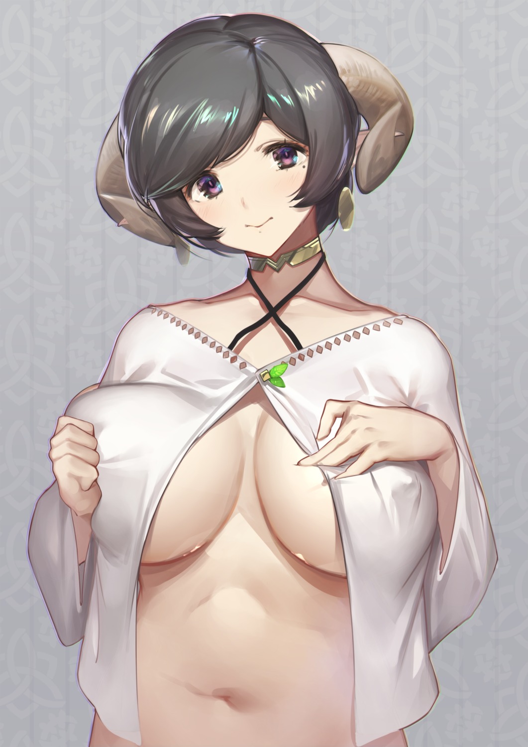 breast_hold erect_nipples horns izuru_(timbermetal) no_bra open_shirt pointy_ears