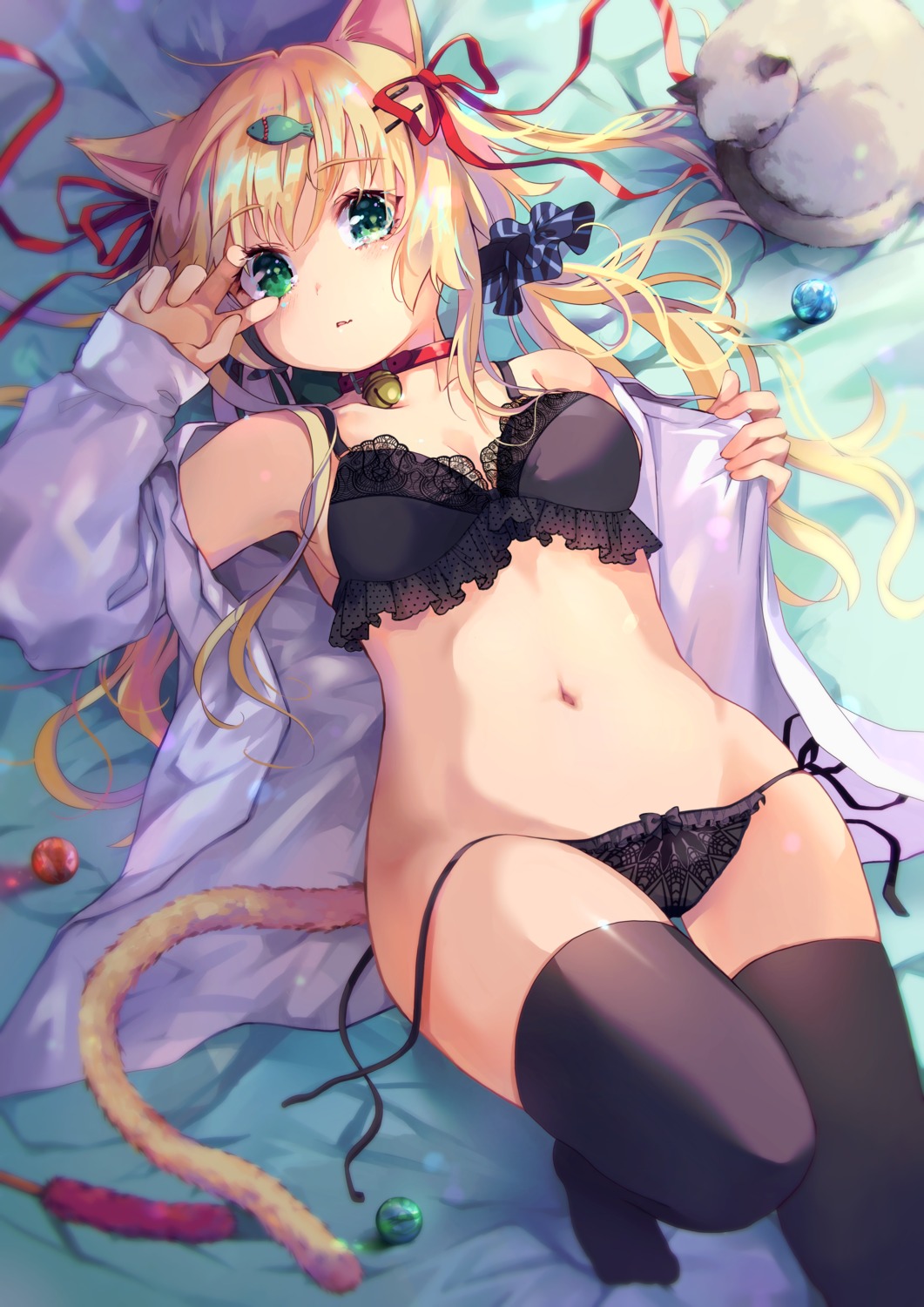 animal_ears bra hiromi_yuki neko nekomimi open_shirt pantsu string_panties tail thighhighs undressing