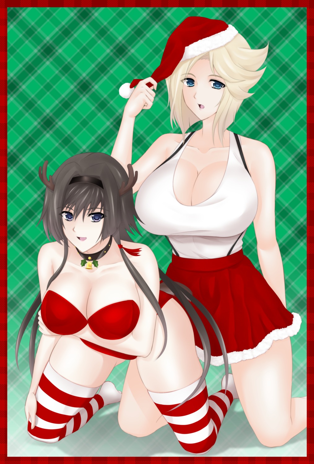 breast_hold christmas cleavage green_kaminari horns muvluv muvluv_alternative no_bra stella_bremer takamura_yui thighhighs