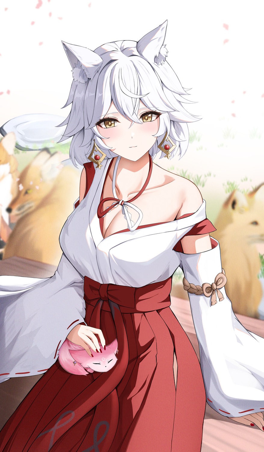 animal_ears genshin_impact kitsune_saiguu miko no_bra open_shirt yae_miko yeni