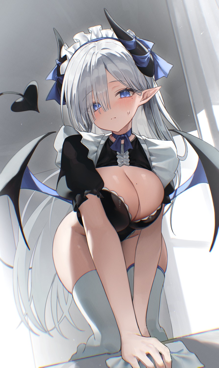 garter horns leotard maid mona_(mokang) no_bra pointy_ears tagme tail thighhighs wings