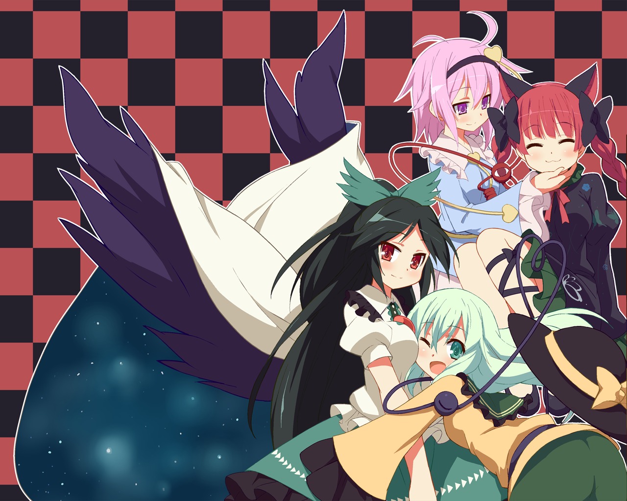 9law animal_ears kaenbyou_rin komeiji_koishi komeiji_satori nekomimi reiuji_utsuho touhou wallpaper wings