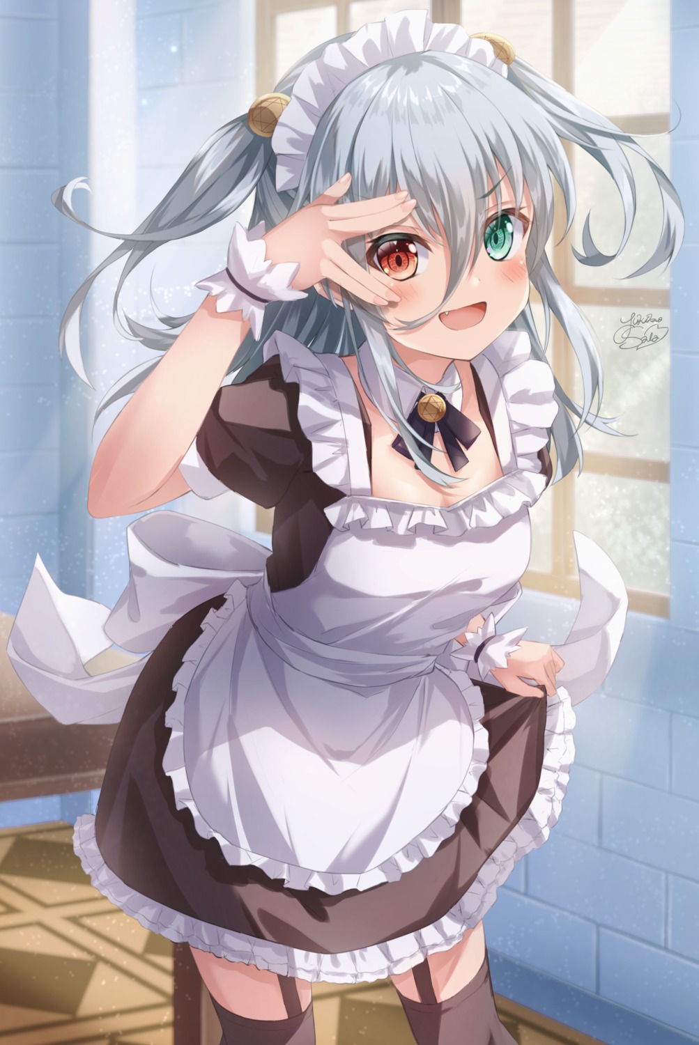 heterochromia maid skirt_lift stockings thighhighs yukikawa_sara