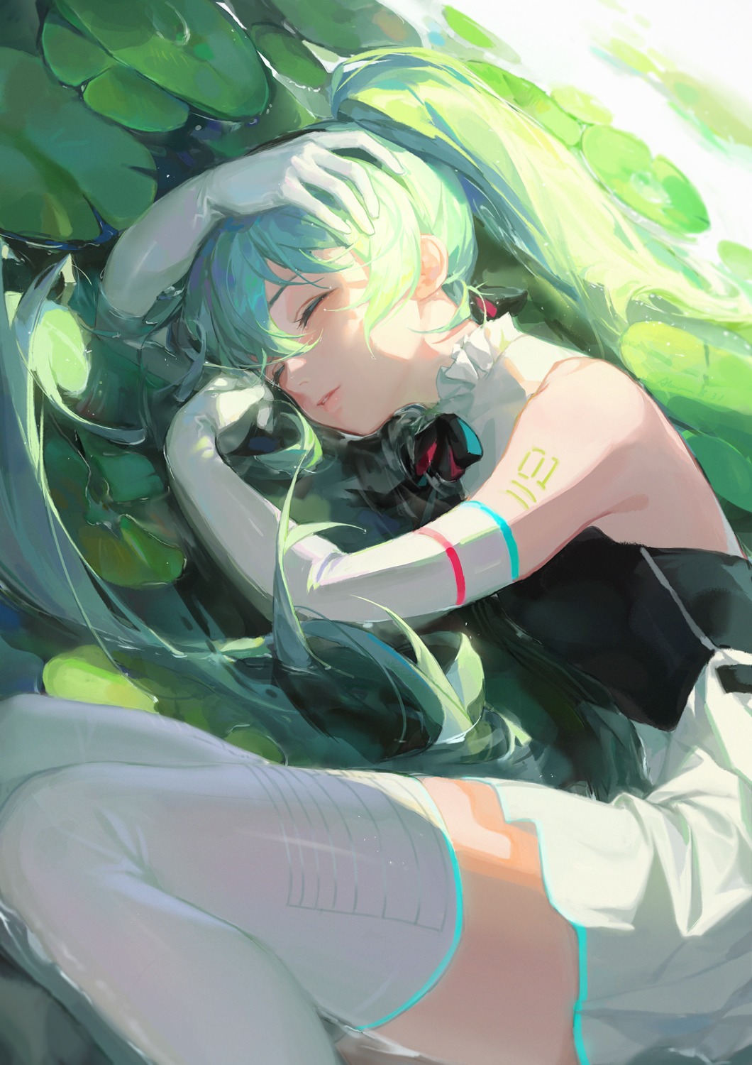 alov hatsune_miku hatsune_miku_symphony tattoo thighhighs vocaloid wet