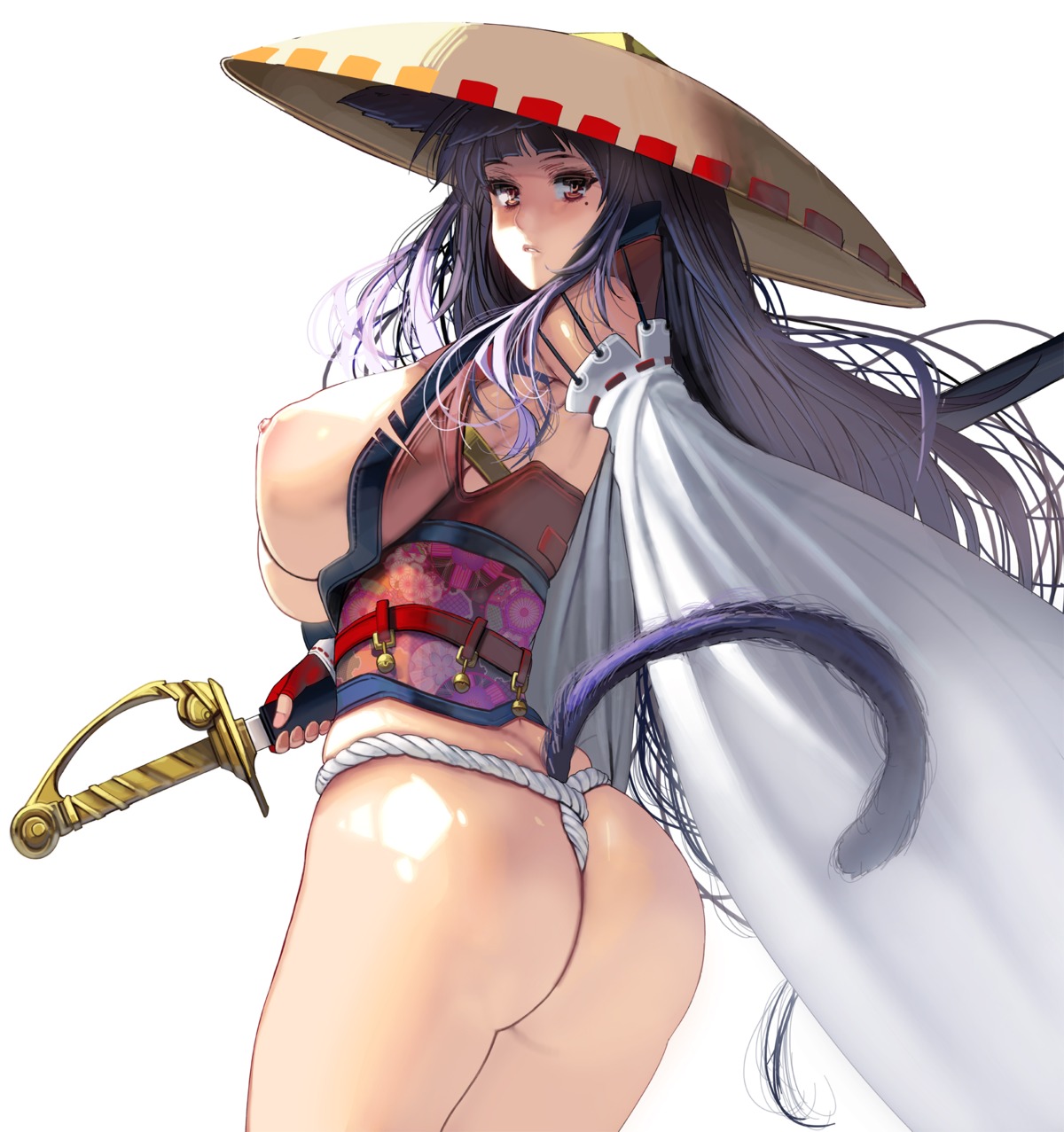 animal_ears artist_revision ass breasts fundoshi japanese_clothes masao nipples no_bra open_shirt sword tail thong