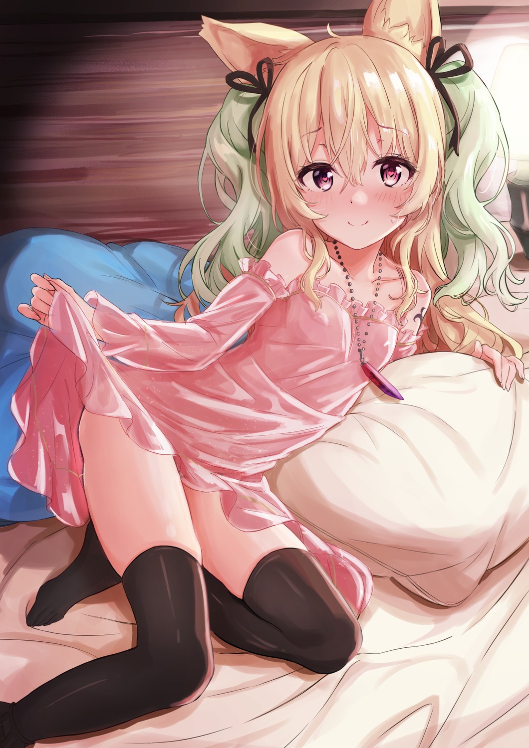 animal_ears ata_(tsumari) dress loli nipples no_bra see_through skirt_lift tattoo thighhighs