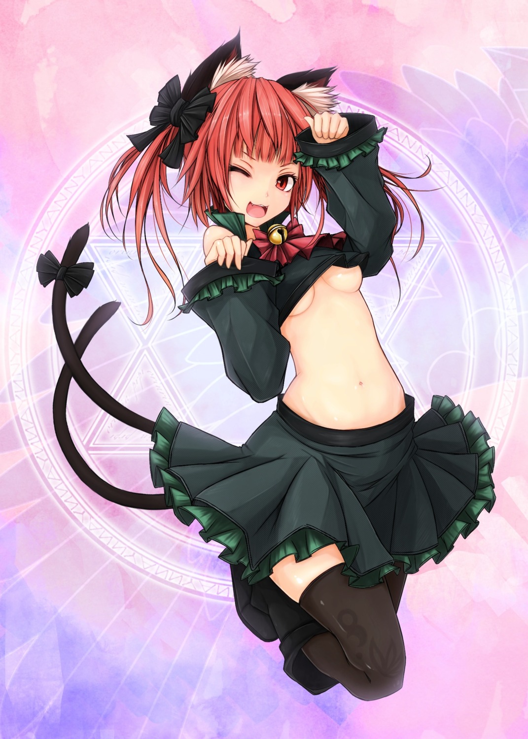 animal_ears kaenbyou_rin maru-pen nekomimi tail thighhighs touhou underboob