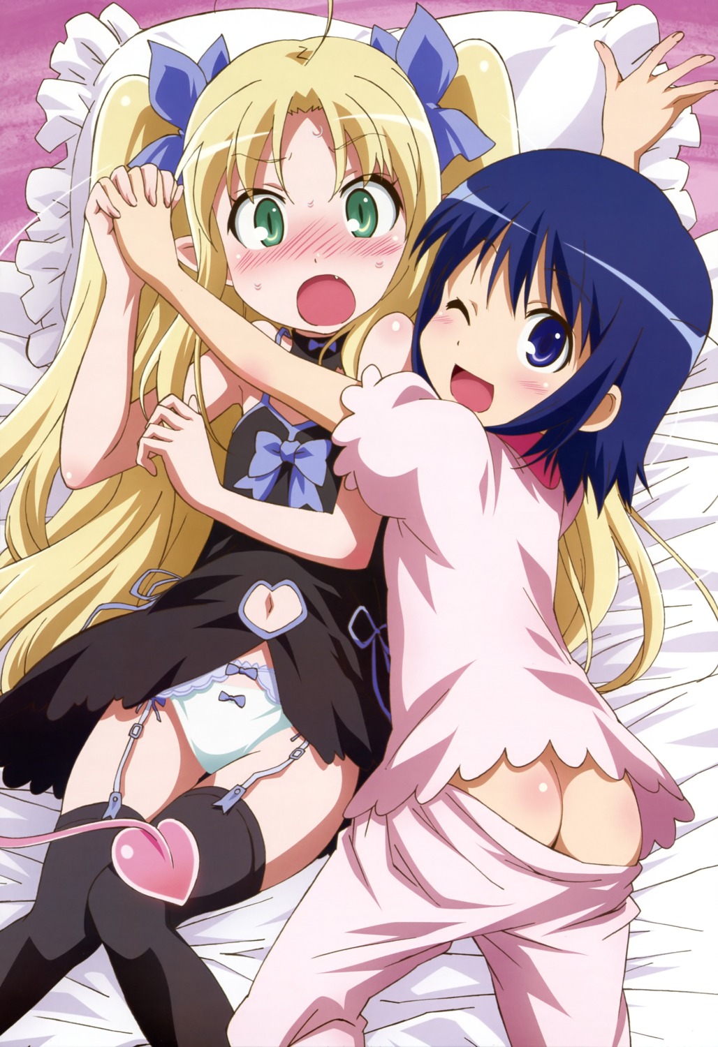 ass astarotte_ygvar garter_belt ishikawa_masakazu lingerie loli lotte_no_omocha! nopan ootsuka_mai pajama pantsu pointy_ears sheets stockings tail thighhighs touhara_asuha yuri