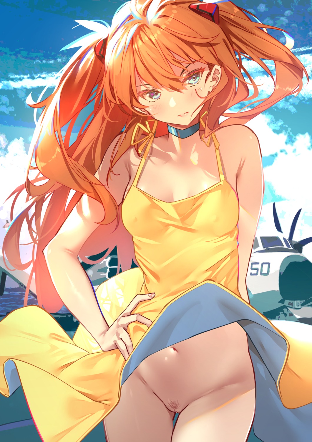 cleavage dress neon_genesis_evangelion no_bra nopan pubic_hair pussy skirt_lift souryuu_asuka_langley summer_dress sydus uncensored