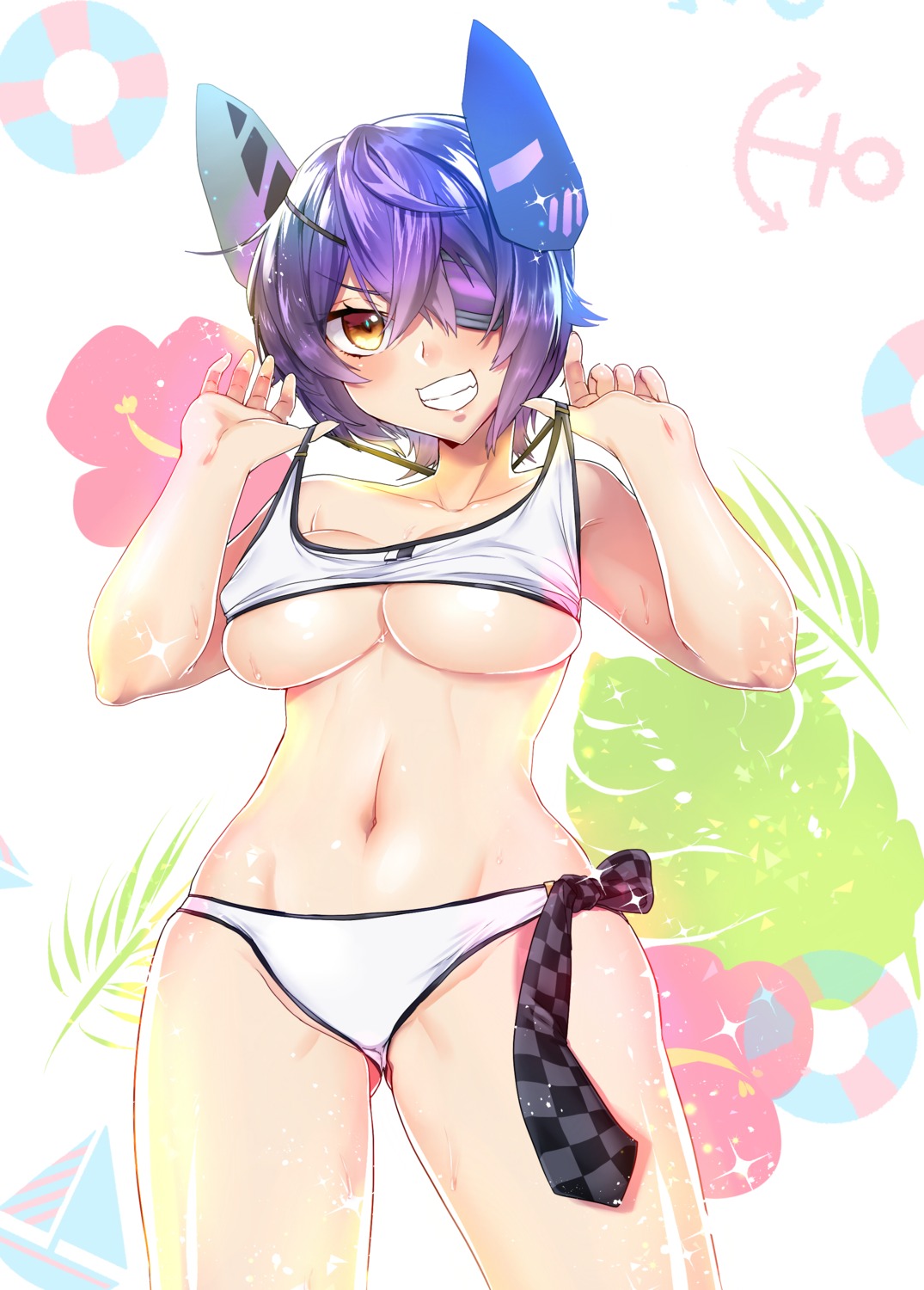 bikini eyepatch kantai_collection namitax shirt_lift swimsuits tenryuu_(kancolle) underboob undressing