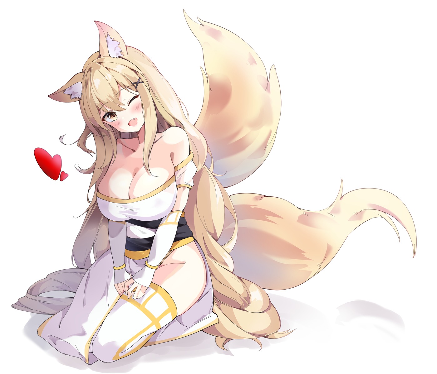 animal_ears cleavage hido_(meori_apu_da) kitsune no_bra tail thighhighs