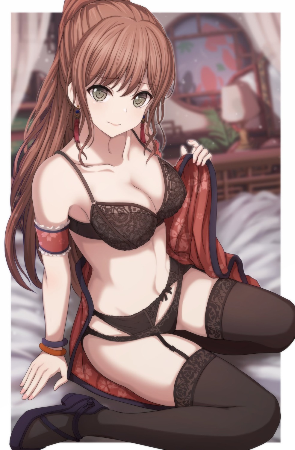 bang_dream! bra garter_belt heels imai_lisa jpeg_artifacts lingerie narafume open_shirt pantsu stockings thighhighs undressing