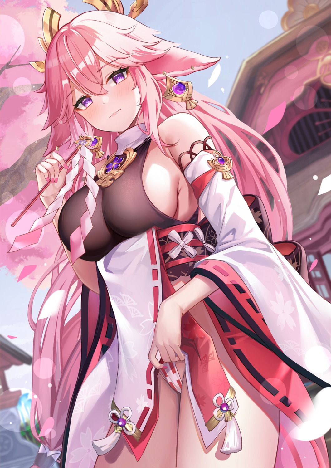 animal_ears cameltoe eric_(tianqijiang) genshin_impact japanese_clothes kitsune maebari no_bra nopan yae_miko