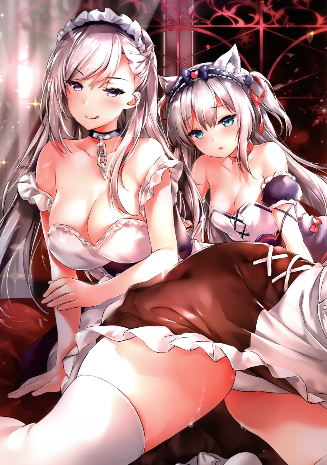 animal_ears azur_lane belfast_(azur_lane) chiyingzai hammann_(azur_lane) maid no_bra pantsu sirius_(azur_lane) skirt_lift thighhighs yuukai_kinshi