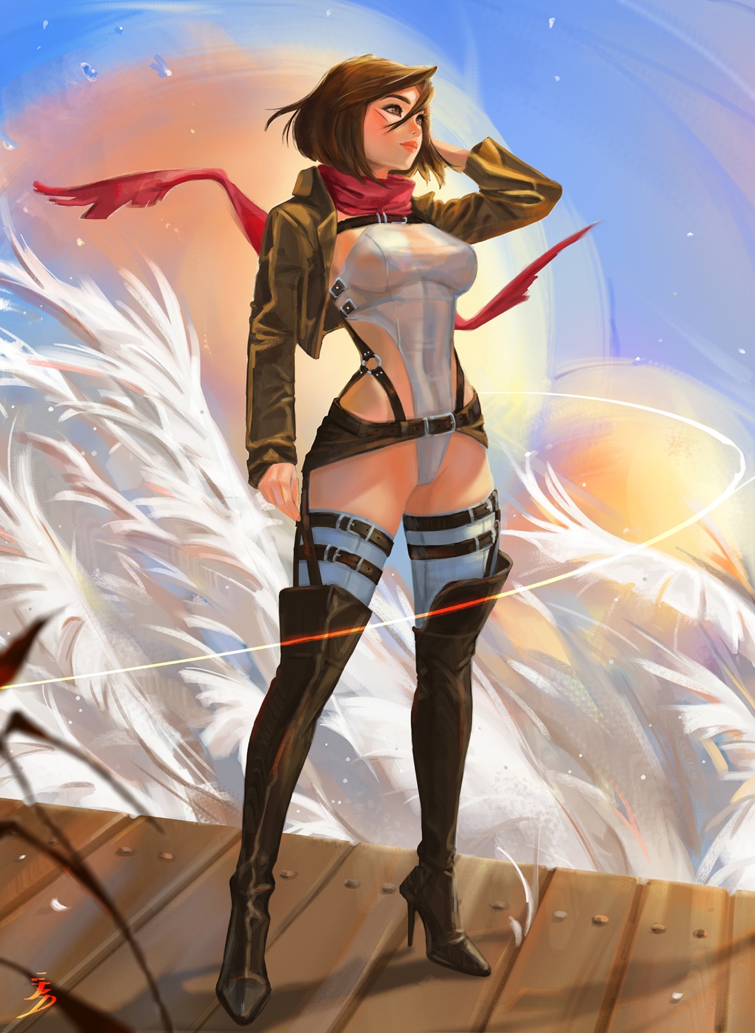 fantasy&coffee garter heels leotard mikasa_ackerman no_bra see_through shingeki_no_kyojin stockings thighhighs