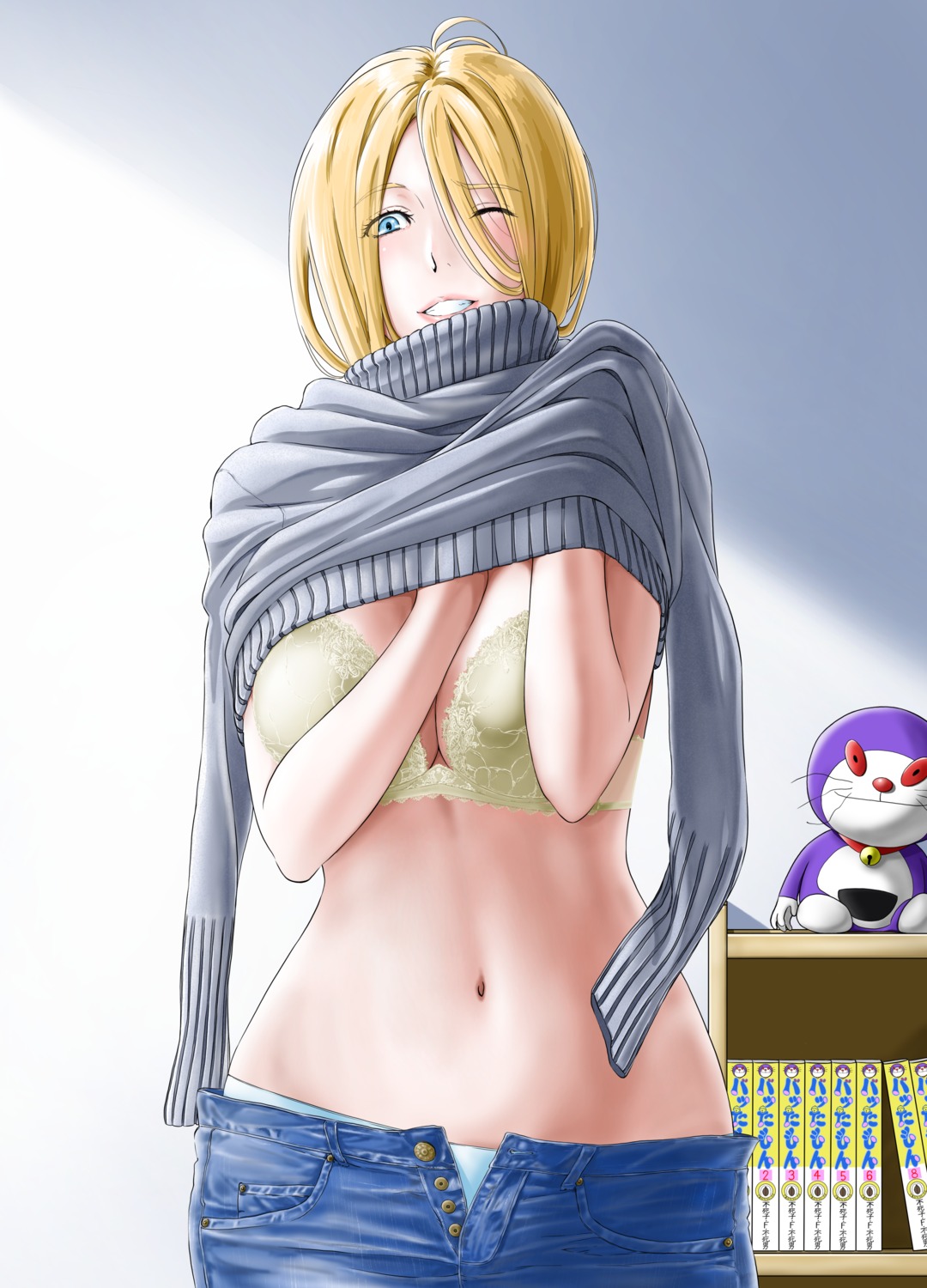 bra breast_hold cleavage kakitama pantsu shirt_lift sweater undressing