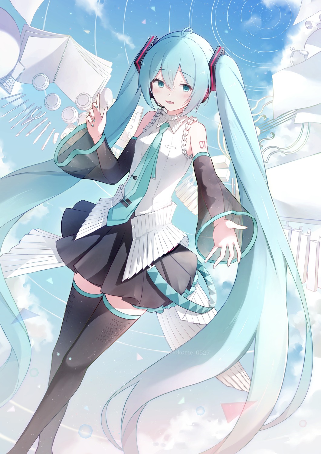 hatsune_miku headphones okome_(okome_0627ha) tattoo thighhighs vocaloid