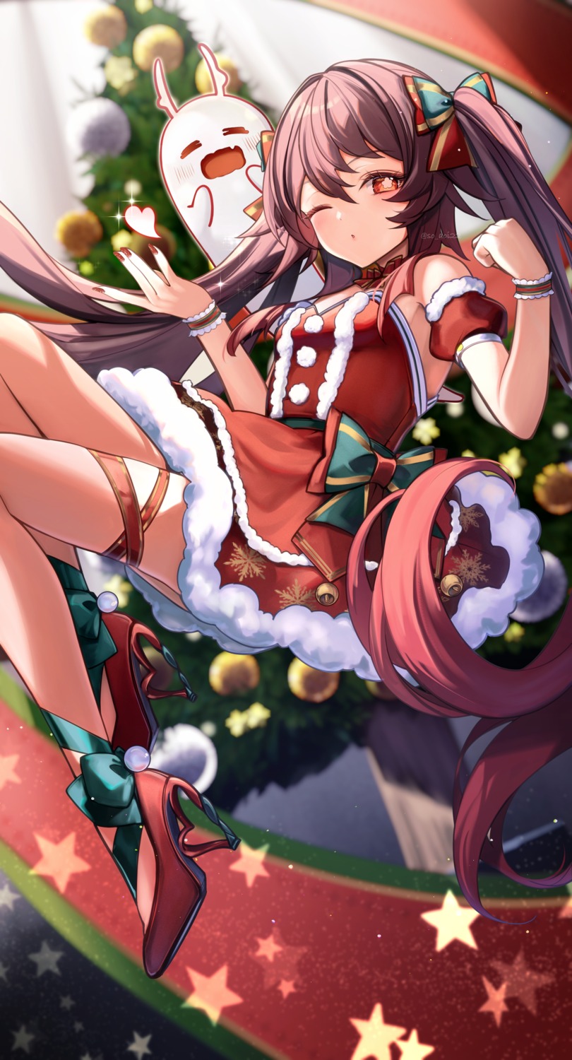 asahi_(vjss4548) christmas dress garter genshin_impact heels hu_tao