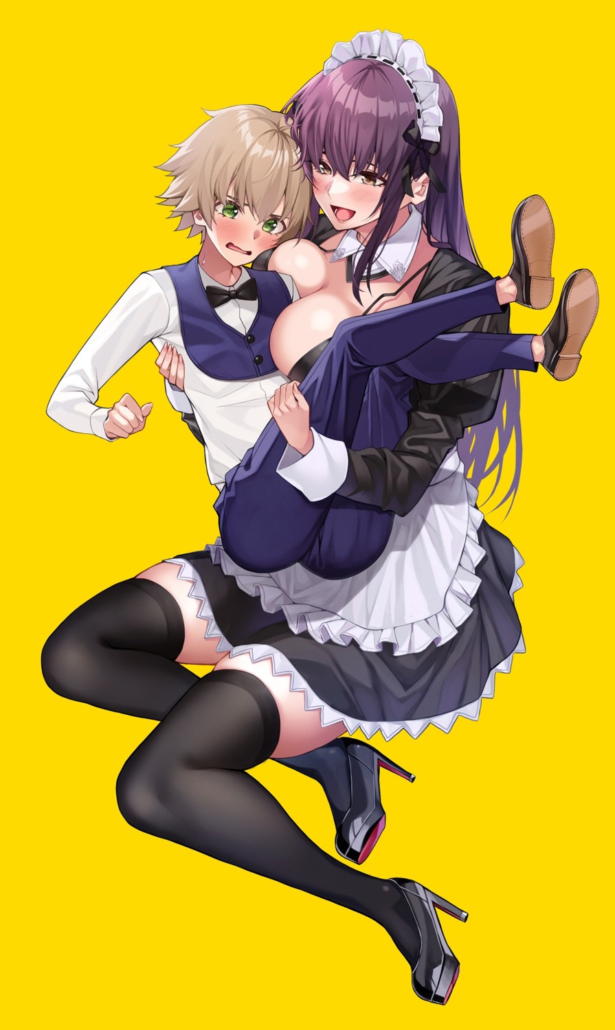 bra heels maid open_shirt skirt_lift takoneru thighhighs