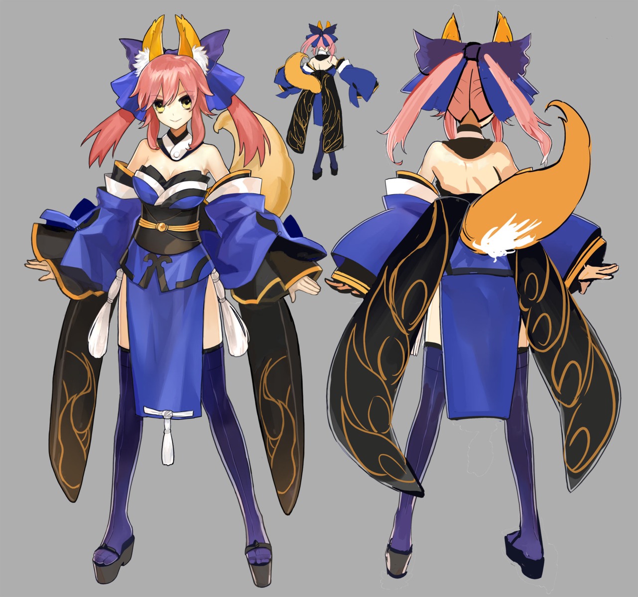 animal_ears character_design cleavage fate/extra fate/stay_night japanese_clothes kitsune no_bra tail tamamo_no_mae thighhighs wada_rco