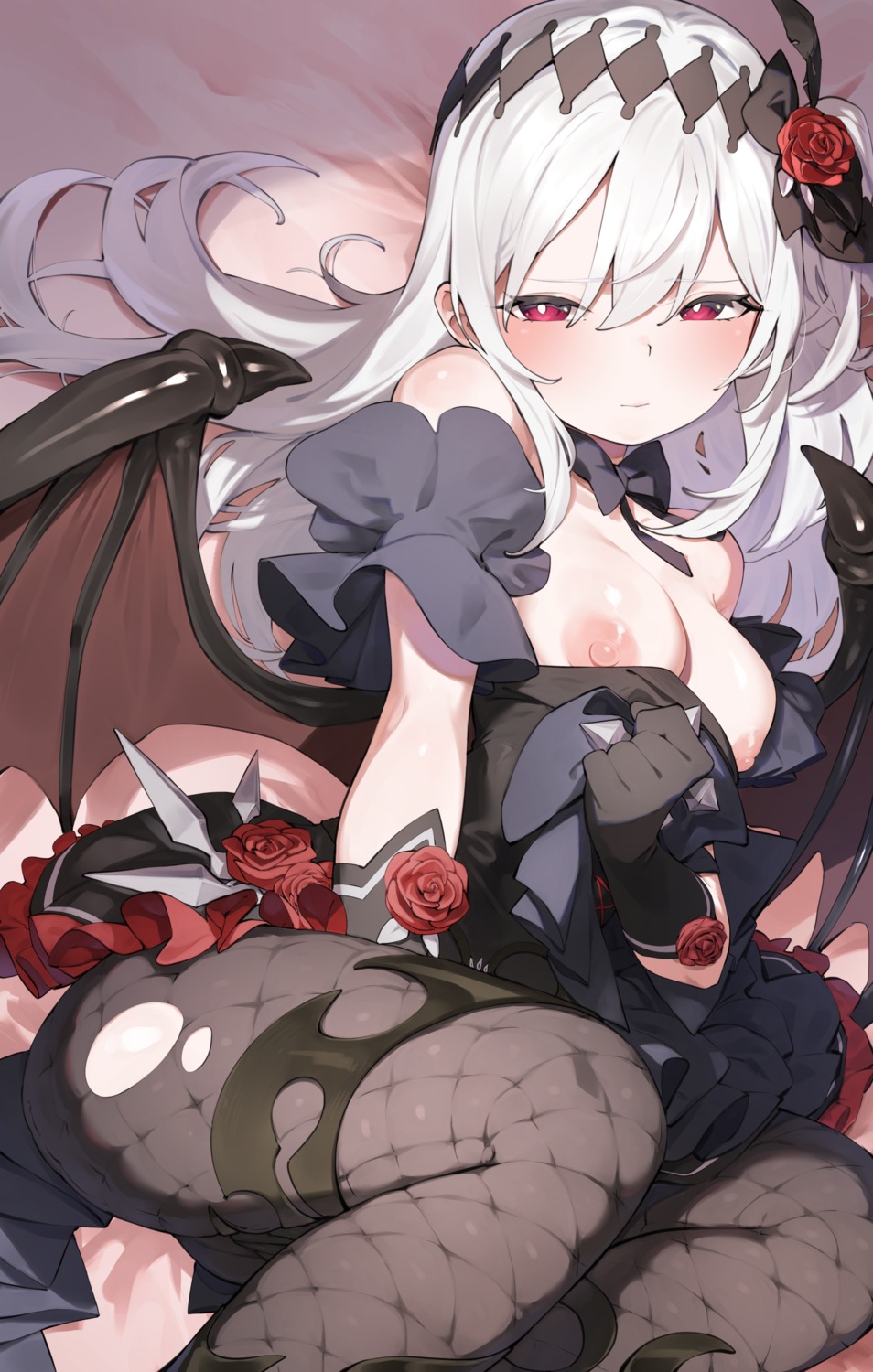 breasts fishnets garter goe_(g-o-e) nipples no_bra pantyhose torn_clothes wings