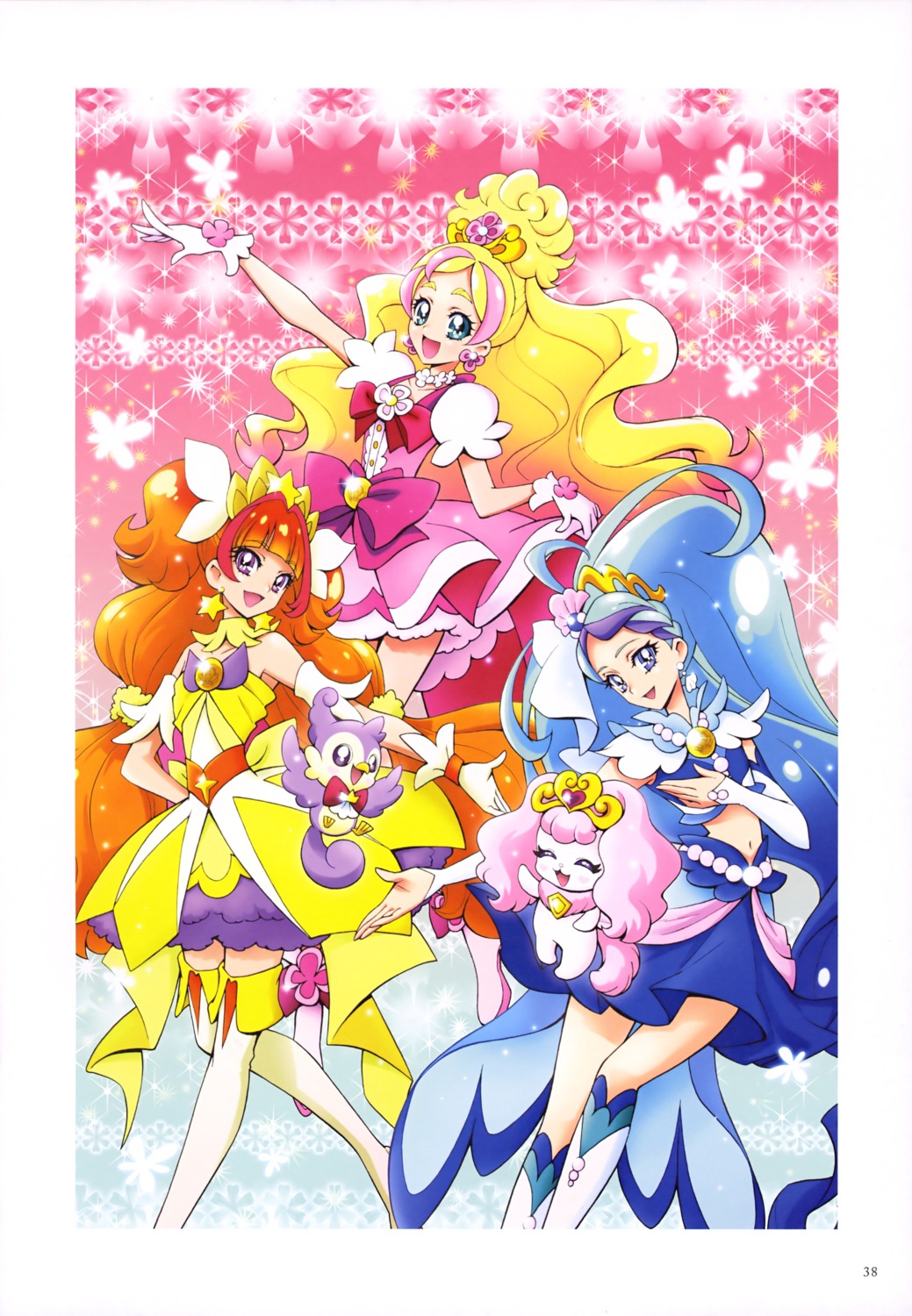 amanogawa_kirara aroma_(precure) dress go!_princess_precure haruno_haruka kaidou_minami kamikita_futago precure puff_(precure) thighhighs