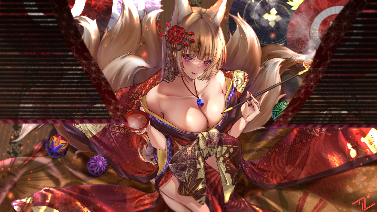 animal_ears kimono kitsune no_bra nolmo open_shirt sake tail