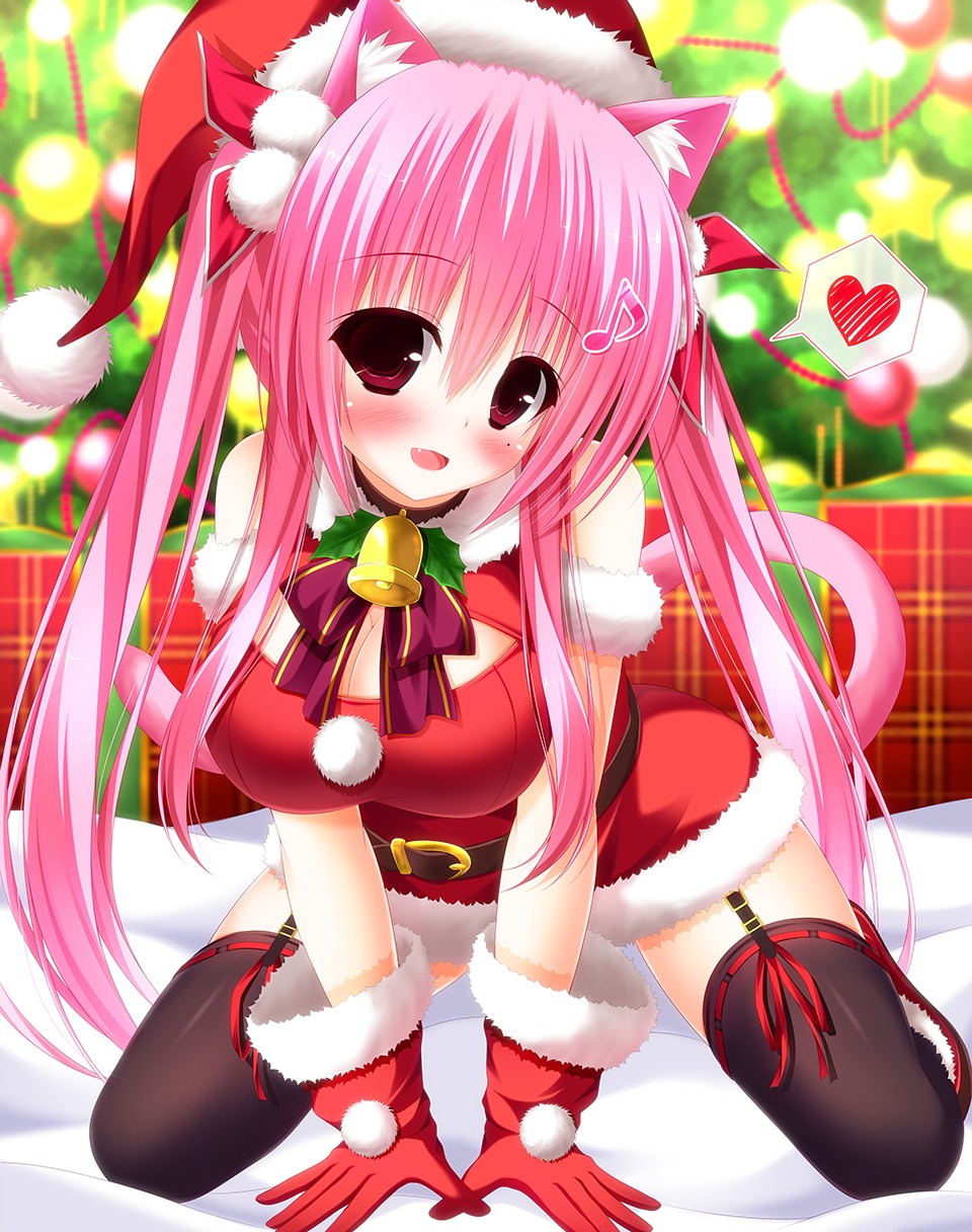 animal_ears christmas cleavage dress nekomimi stockings tail thighhighs yunagi_amane
