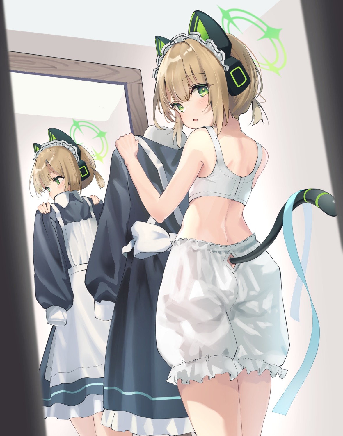 animal_ears bloomers blue_archive bra halo headphones loli maid nanahoshi_teru nekomimi saiba_midori tail