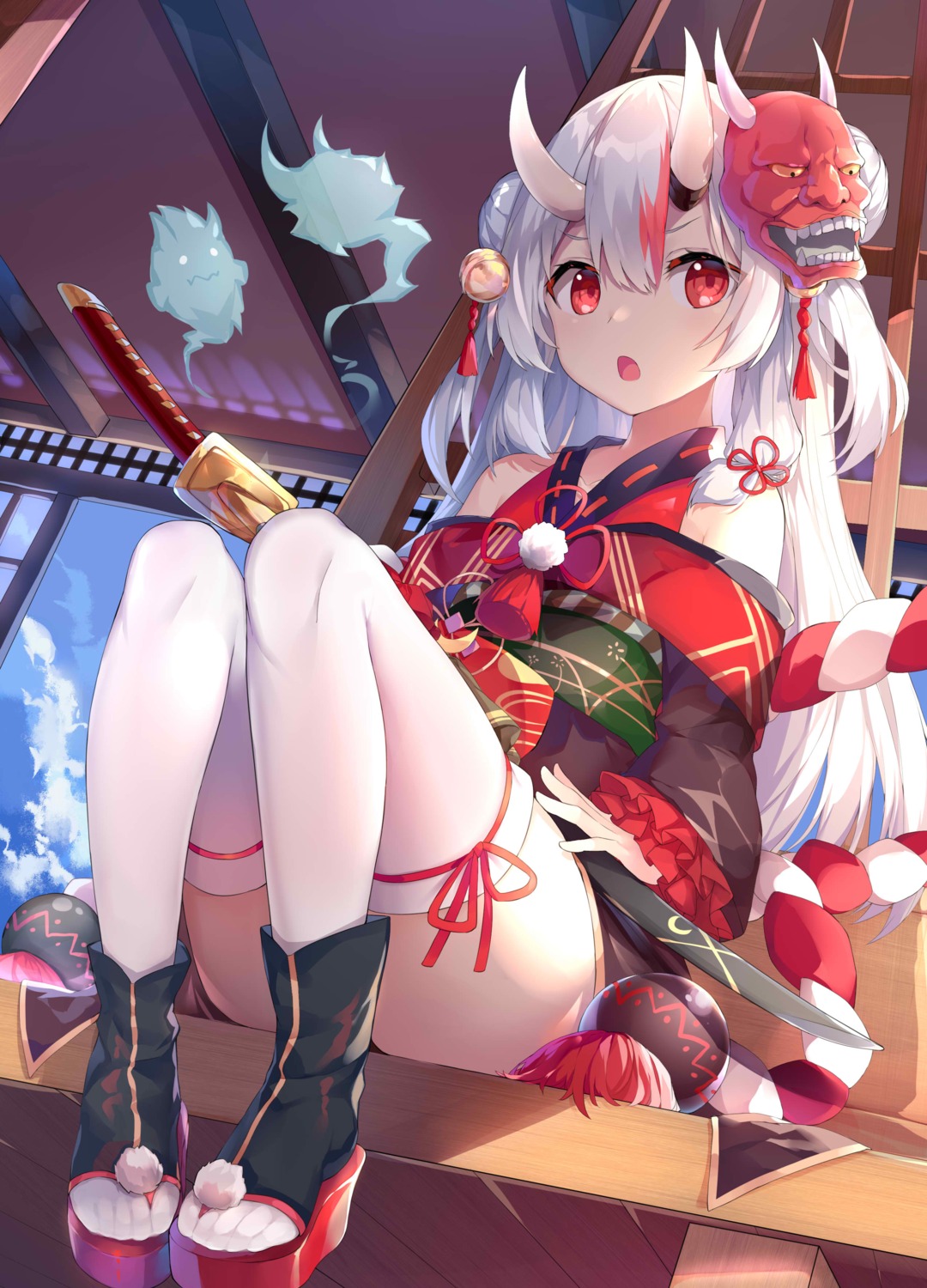 hololive horns japanese_clothes nakiri_ayame sword thighhighs wawazi