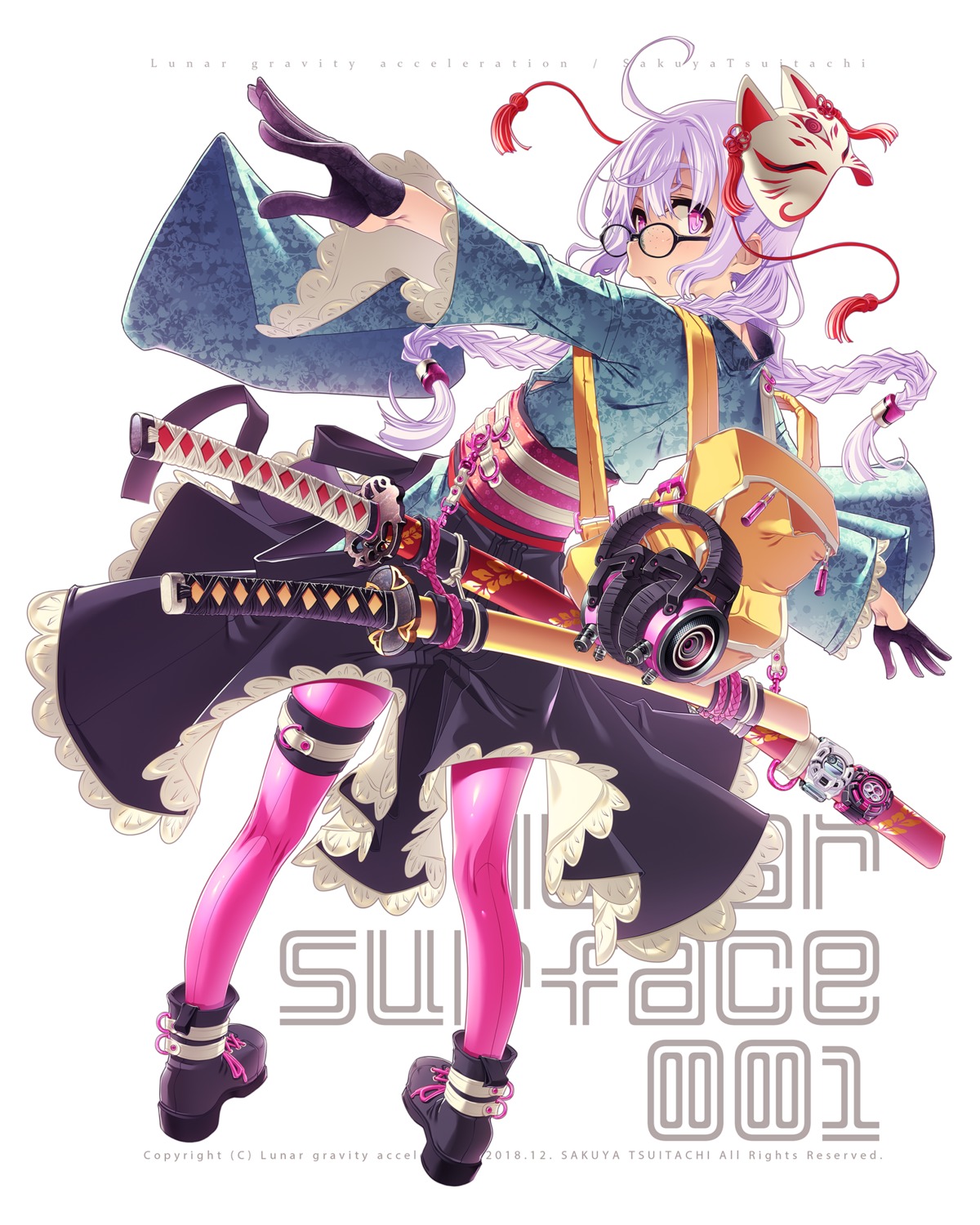 garter headphones heels japanese_clothes megane pantyhose sakuya_tsuitachi sword