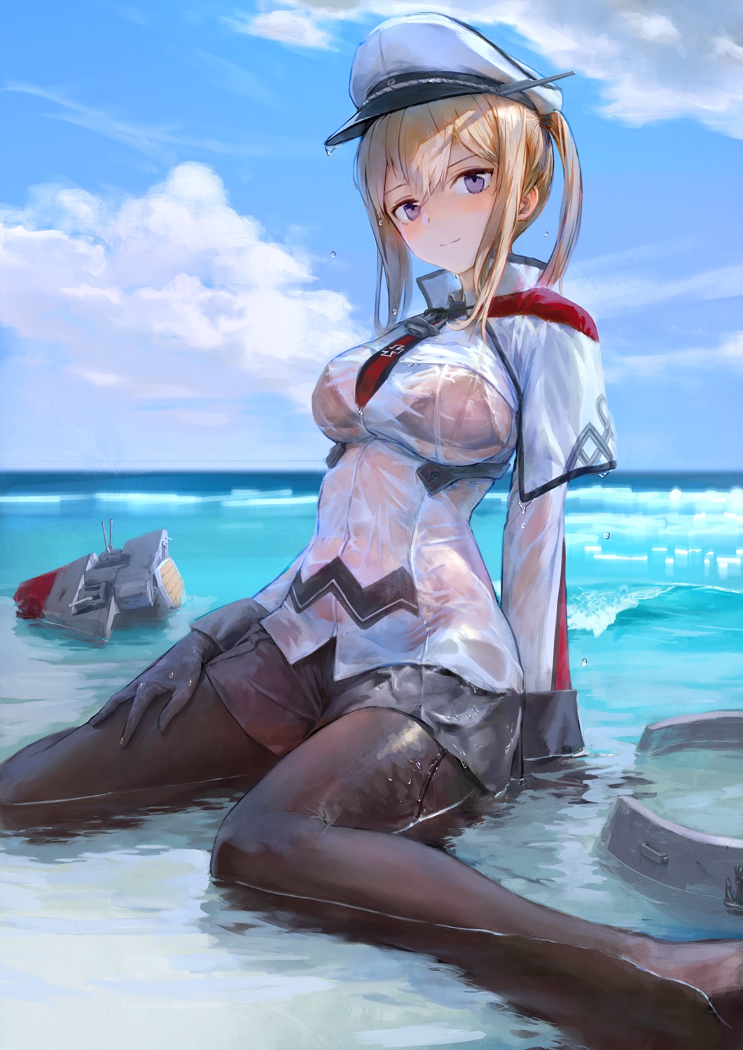 bra graf_zeppelin_(kancolle) kantai_collection mecha pantyhose see_through treeware uniform wet wet_clothes