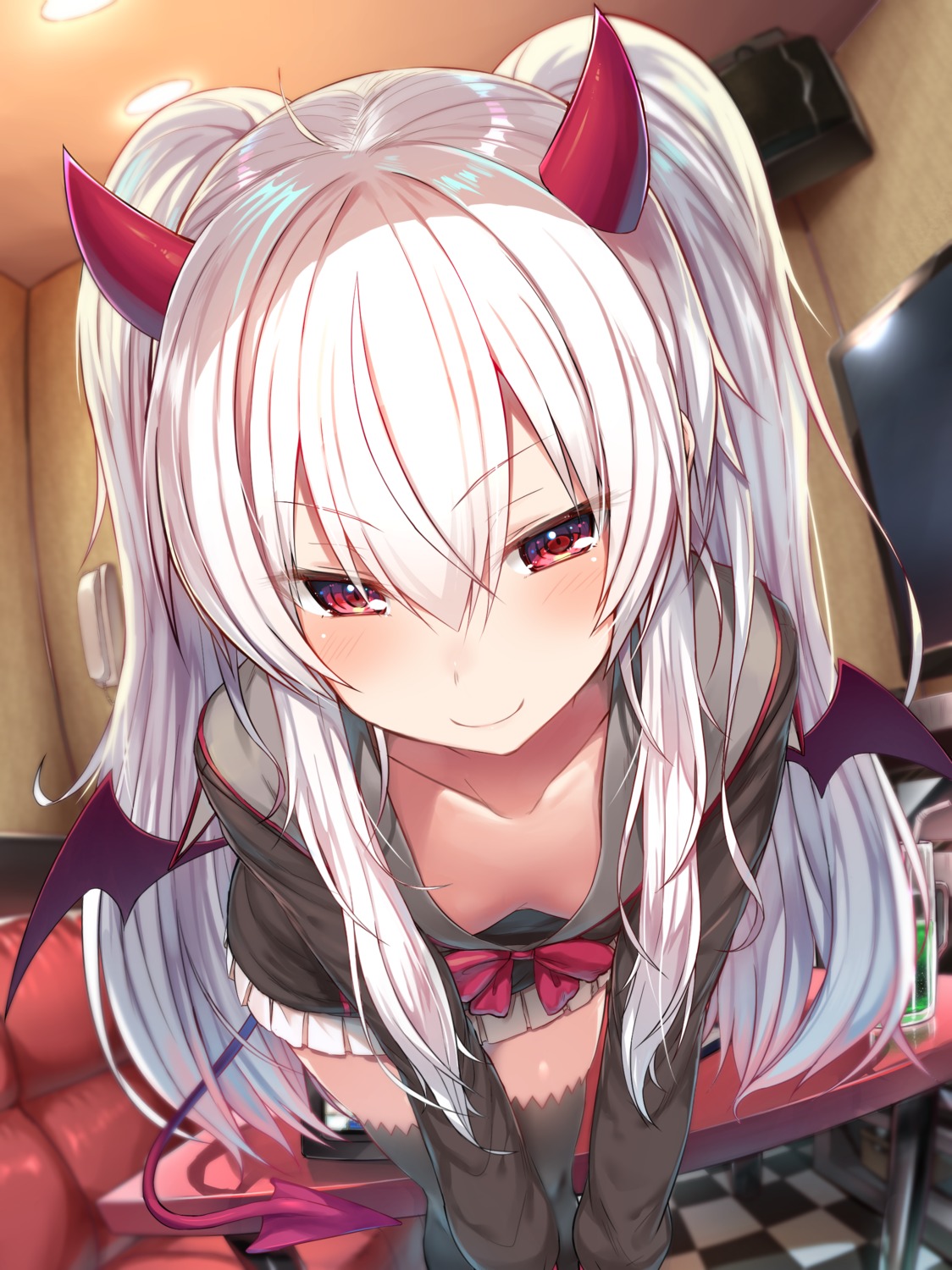 cleavage devil greatmosu horns no_bra quiz_magic_academy seifuku tail thighhighs wings